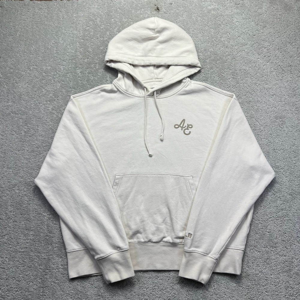 American Eagle Hoodie Mens L Off White Relaxed Fit Sweatshirt Embroidered Log